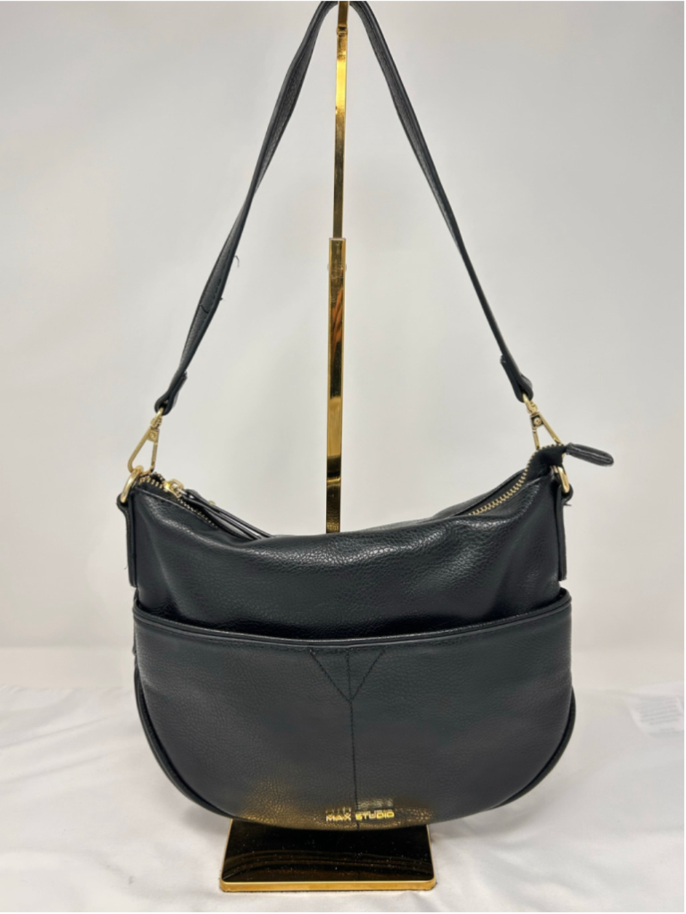 Max Studio Black Faux Leather Hobo Shoulder Bag Gold Hardware
